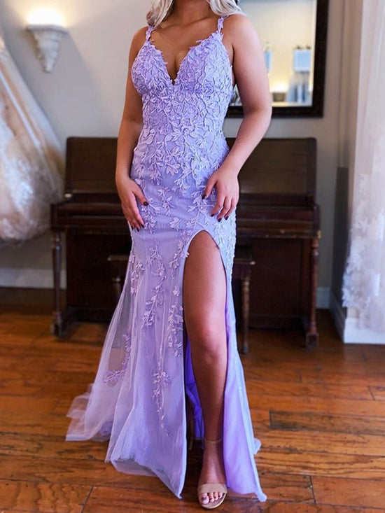 Elegant Long Mermaid V-neck Lace Formal Prom Dresses with Slit-BIZTUNNEL