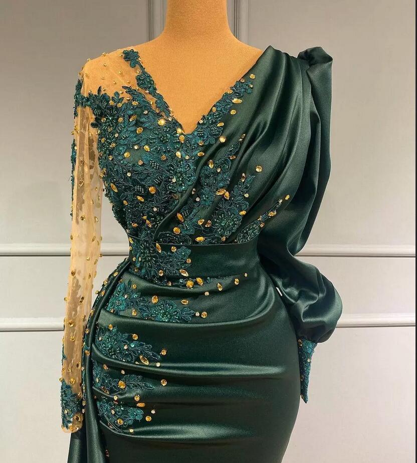 Elegant Long Mermaid V-neck Satin Dark Green Prom Dress-BIZTUNNEL