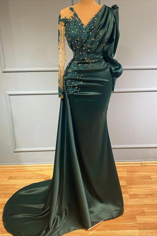 Elegant Long Mermaid V-neck Satin Dark Green Prom Dress-BIZTUNNEL