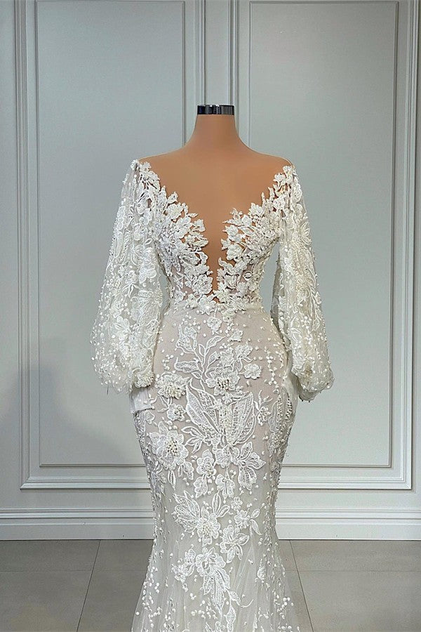 Elegant Long Mermaid V-neck Tulle Lace Wedding Dress with Sleeves-BIZTUNNEL