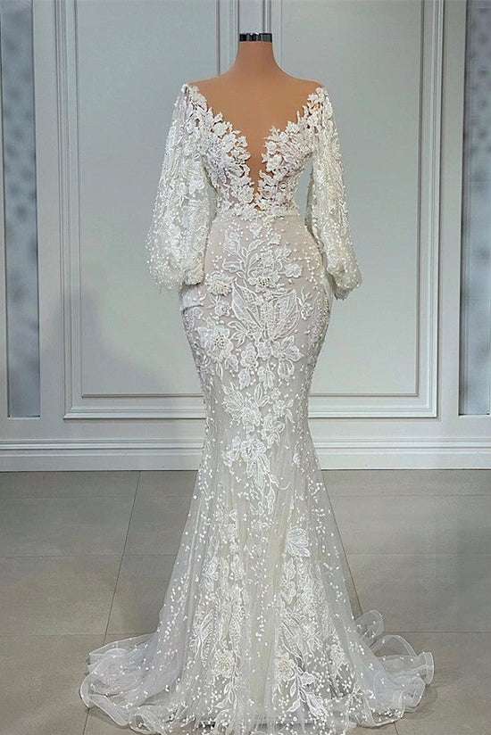Elegant Long Mermaid V-neck Tulle Lace Wedding Dress with Sleeves-BIZTUNNEL