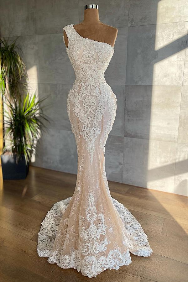 Elegant Long One Shoulder Appliques Lace Mermaid Wedding Dress-BIZTUNNEL