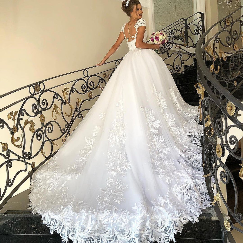 Elegant Long Princess Tulle Lace Wedding Dress with Cap Sleeves Elegant Long Princess Tulle Lace Wedding Dress with Cap Sleeves