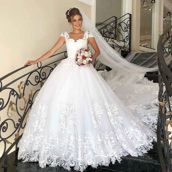 Load image into Gallery viewer, Elegant Long Princess Tulle Lace Wedding Dress with Cap Sleeves-BIZTUNNEL
