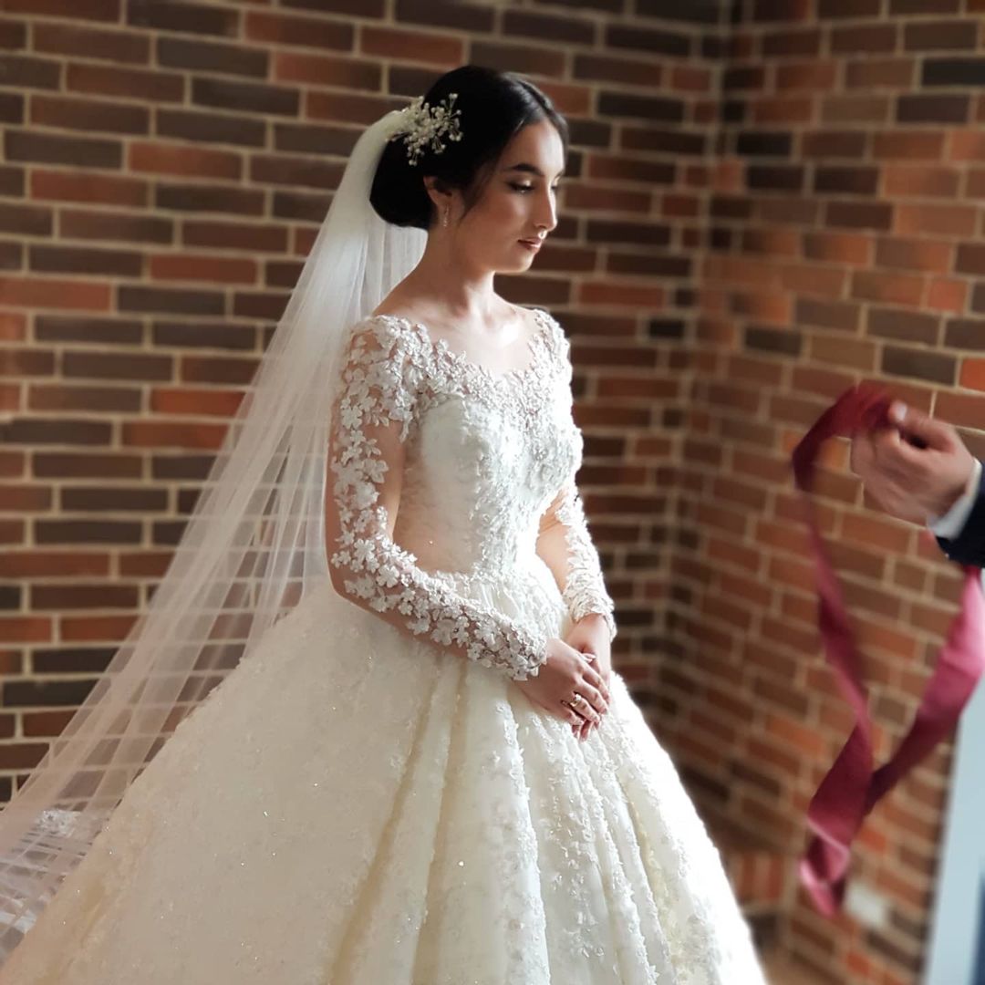 Modest Long Sleeve Lace Tulle A-line Princess Wedding Dress, Pleats