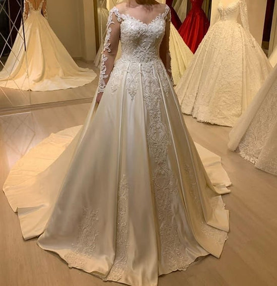 Carregar imagem no visualizador da galeria, Elegant Long Sleeve A-Line Sweetheart Appliques Lace Pearl Satin Wedding Dress-BIZTUNNEL
