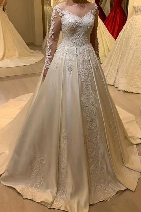 Carregar imagem no visualizador da galeria, Elegant Long Sleeve A-Line Sweetheart Appliques Lace Pearl Satin Wedding Dress-BIZTUNNEL
