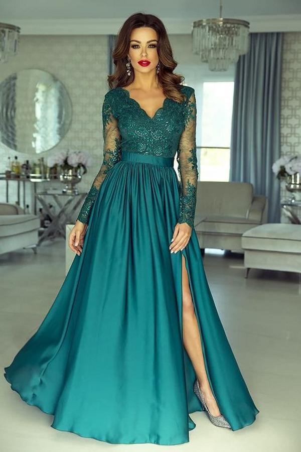 Elegant Long Sleeve A-line V-neck Lace Long Prom Dress with Slit-BIZTUNNEL