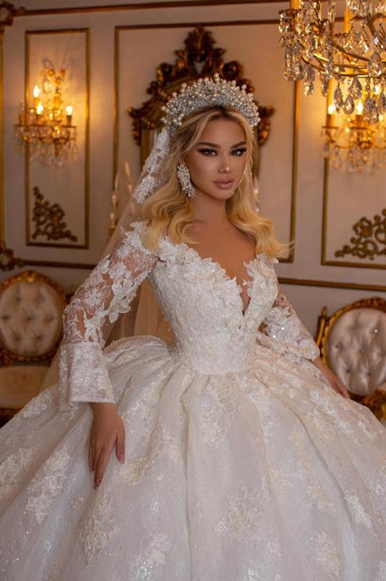 Elegant A-Line Lace Long Sleeves Wedding Dress With Detachable Train –  misshow.com