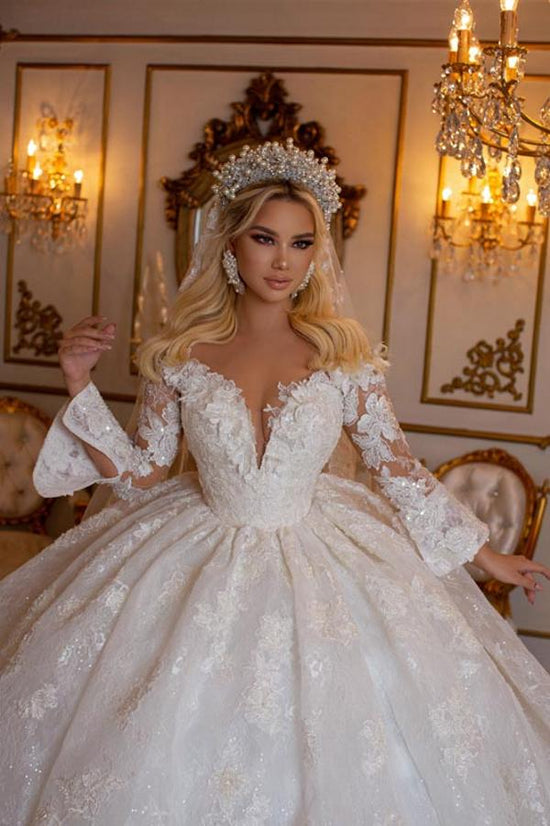 Elegant Long Sleeves Ball Gown V-Neck Sweetheart Wedding Dress with Appliques Lace-BIZTUNNEL