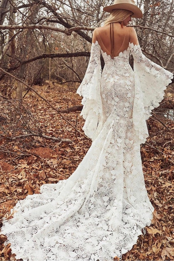 Elegant Long Sleeves Mermaid Lace Backless Wedding Dresses-BIZTUNNEL
