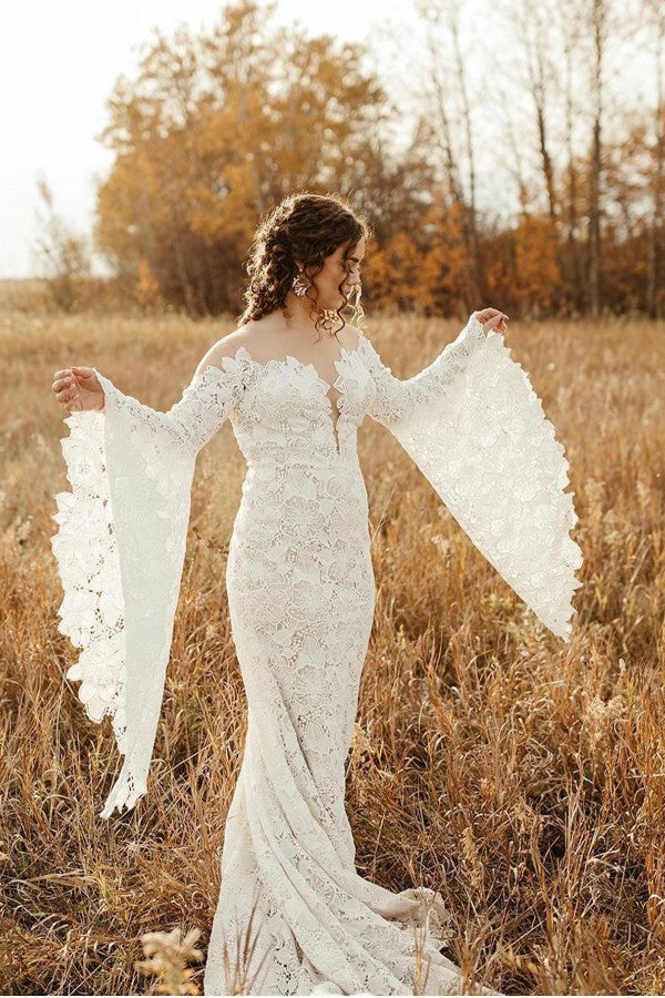 Elegant Long Sleeves Mermaid Lace Backless Wedding Dresses-BIZTUNNEL