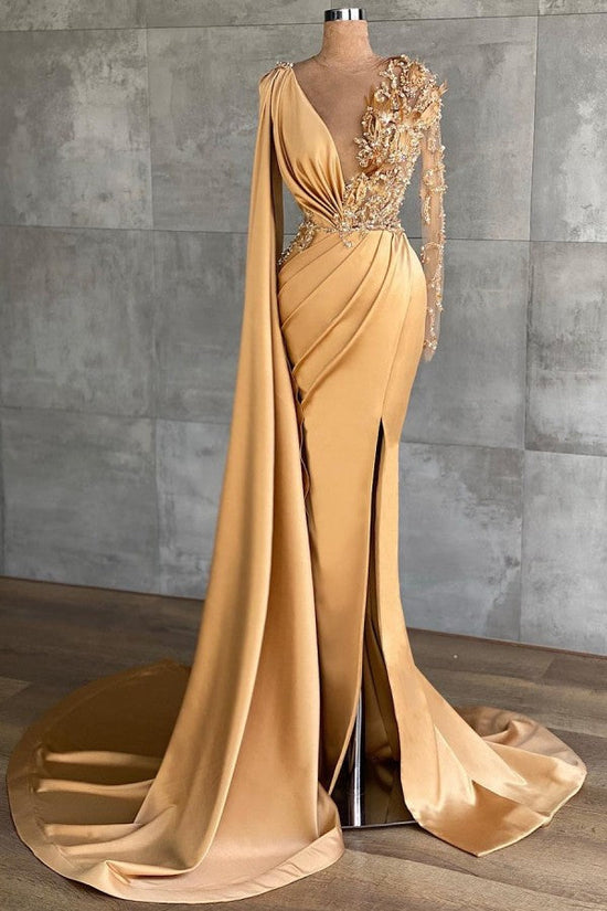 Elegant Long Sleeves Mermaid V-neck Satin Prom Dress with Slit-BIZTUNNEL
