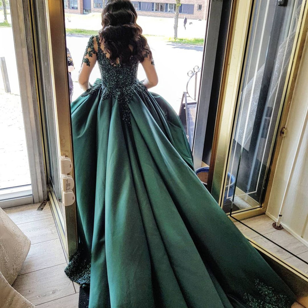 Elegant Long Sleeves Sweetheart Lace Satin Ball Gown Prom Dresses Elegant Long Sleeves Sweetheart Lace Satin Ball Gown Prom Dresses