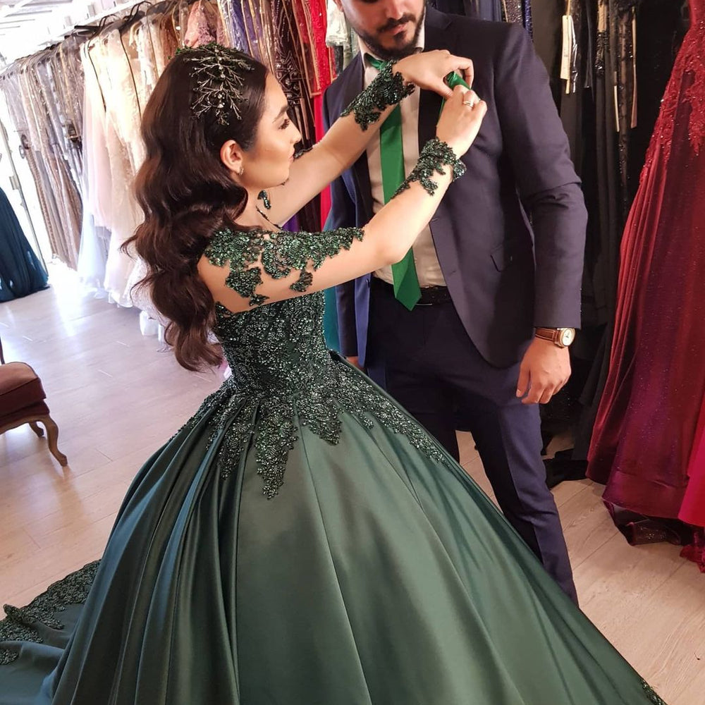 elegant prom dresses with sleeves Elegant Long Sleeves Sweetheart Lace Satin Ball Gown Prom Dresses – BIZTUNNEL