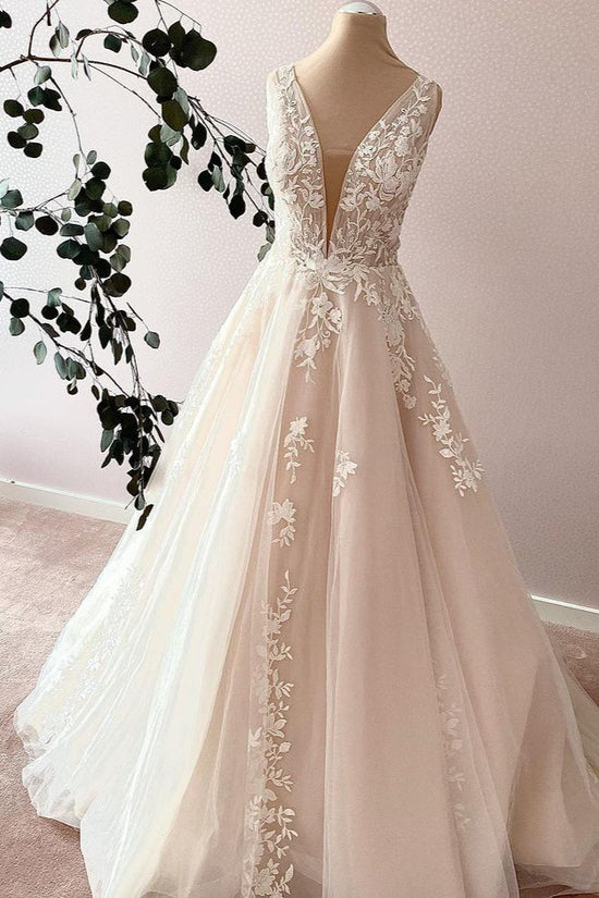 Elegant Long Sweetheart A-Line Tulle Appliques Lace Wedding Dress-BIZTUNNEL