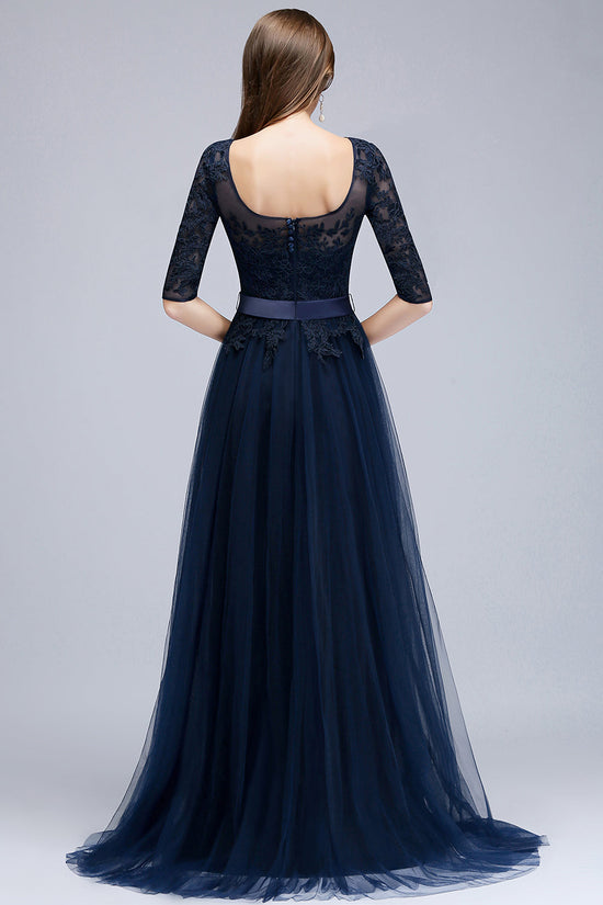 Elegant Long Tulle Dark Navy Bridesmaid Dresses with Sleeves-BIZTUNNEL
