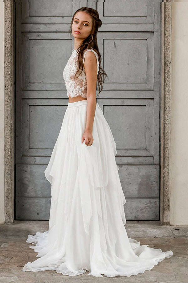 Elegant Long Two Piece A-line Lace Chiffon Wedding Dress-BIZTUNNEL