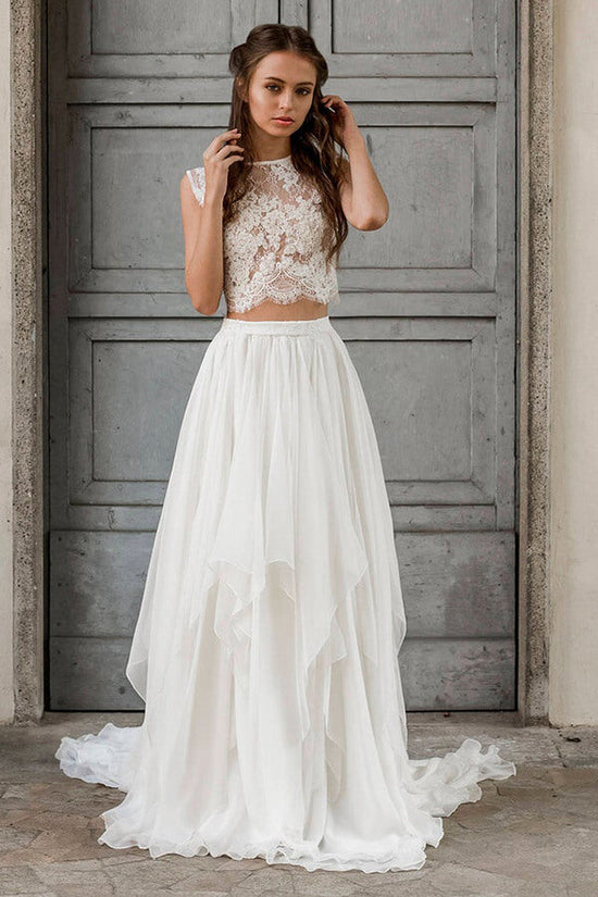 Elegant Long Two Piece A-line Lace Chiffon Wedding Dress-BIZTUNNEL