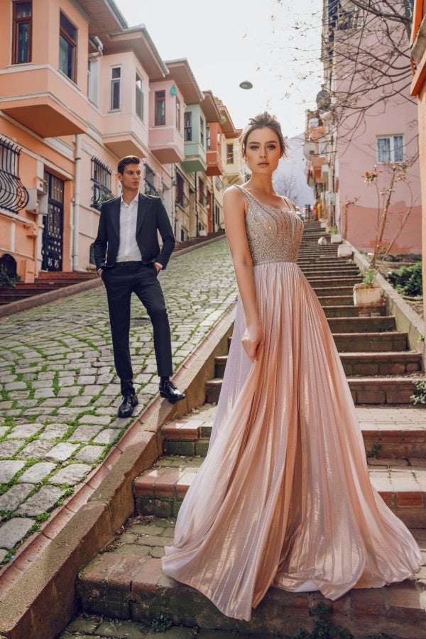 Elegant Long V-neck Bright Silk A-line Prom Dress-BIZTUNNEL