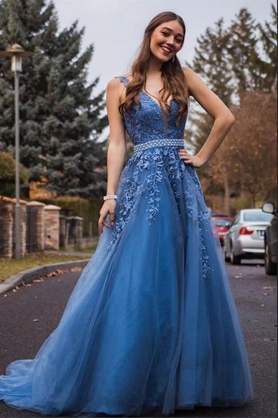Elegant Long V-neck Wide Straps Tulle A-line Prom Dress with Appliques Lace-BIZTUNNEL