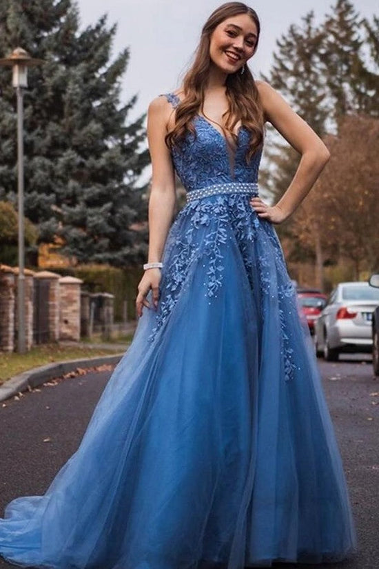 Elegant Long V-neck Wide Straps Tulle A-line Prom Dress with Appliques Lace-BIZTUNNEL