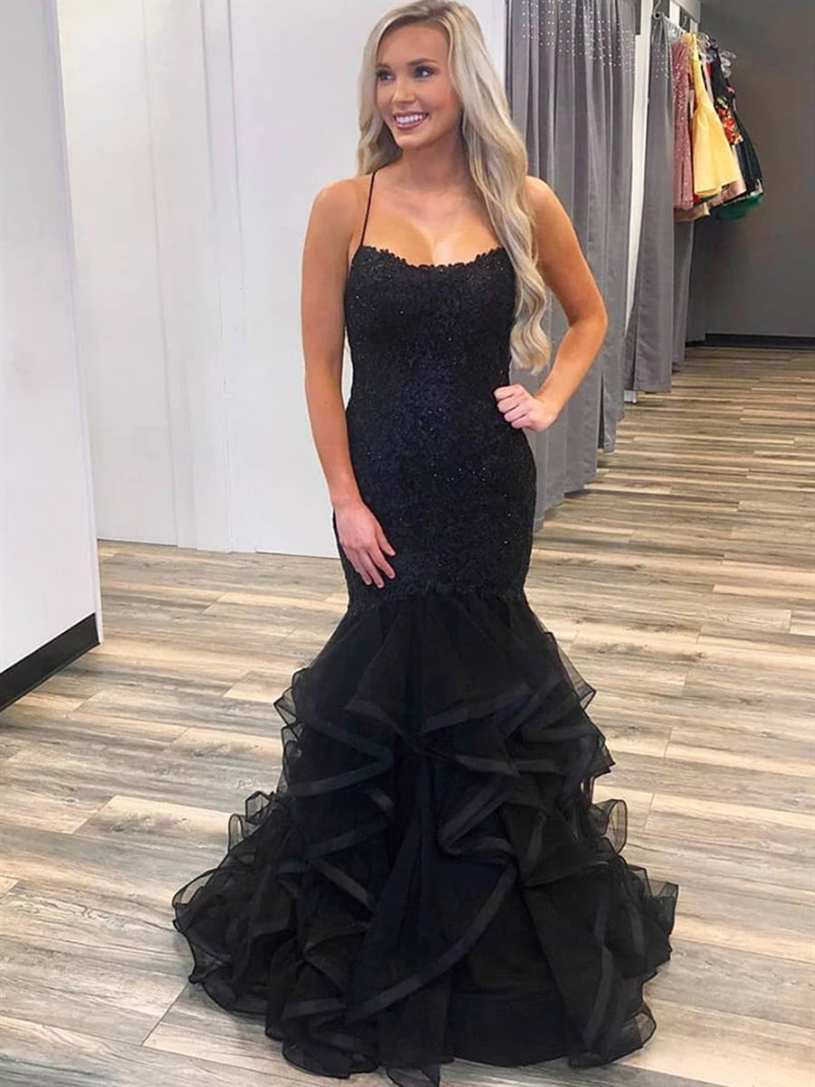 Elegant Mermaid Puffy Black Lace Long Prom Dresses Black Formal Evening Gowns-BIZTUNNEL