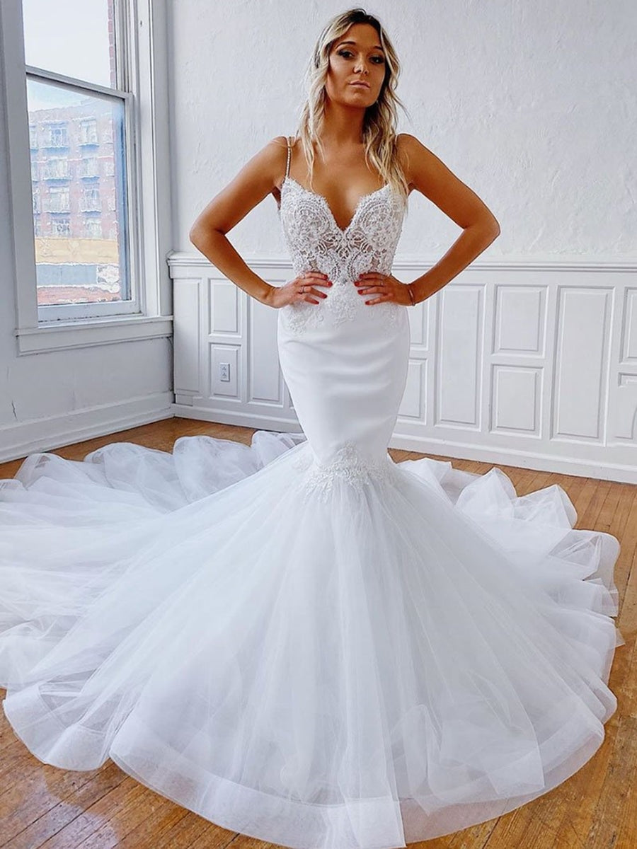 Elegant Mermaid V Neck Backless Lace White Long Wedding Dresses-BIZTUNNEL