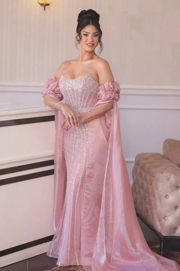 Elegant Pink Long Bateau Sequined Mermaid Evening Dresses