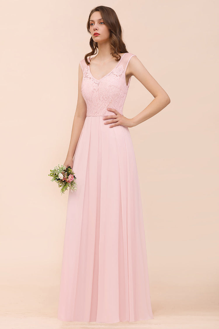 A-line Ruffle Sleeveless Pink Chiffon Long Bridesmaid Dresses Online, WG804