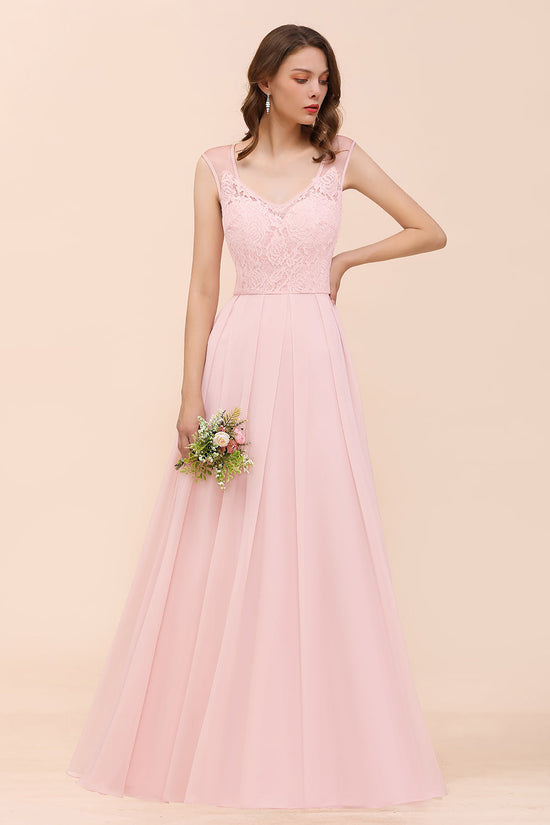 Load image into Gallery viewer, Elegant Pink Long A-line Sweetheart Lace Chiffon Bridesmaid Dress-BIZTUNNEL
