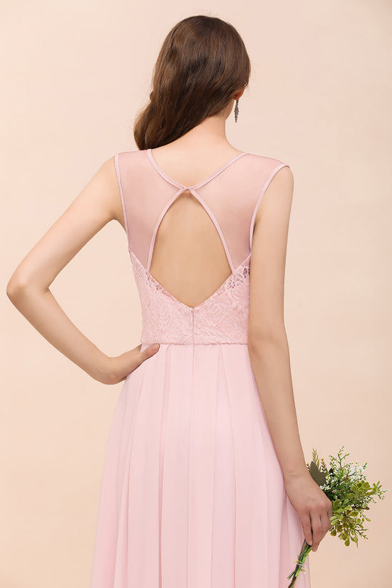 Elegant A Line Chiffon Pink Bridesmaid Dress With Lace Bodice