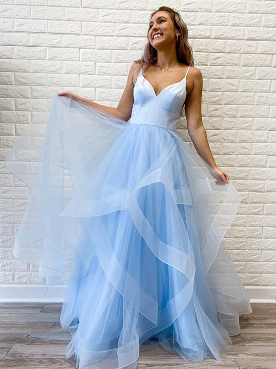Load image into Gallery viewer, Elegant Princess V Neck Puffy Organza Spaghetti Straps Long Prom Dresses-BIZTUNNEL
