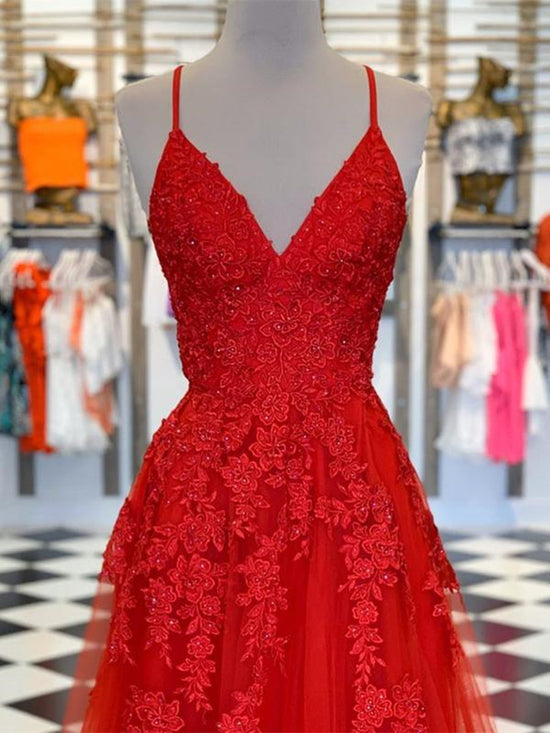Elegant Red Long A Line V Neck Tulle Lace Formal Graduation Prom Dresses-BIZTUNNEL