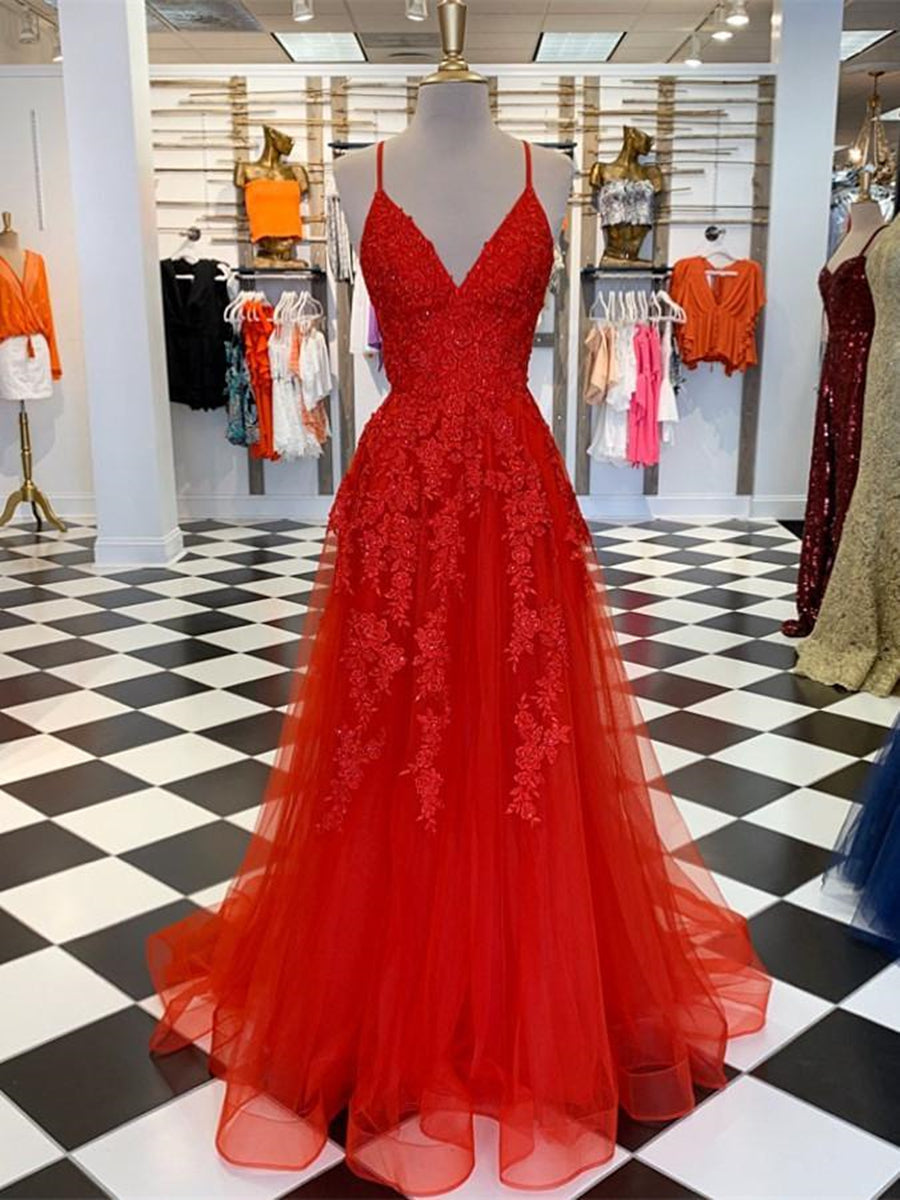 Elegant Red Long A Line V Neck Tulle Lace Formal Graduation Prom Dresses-BIZTUNNEL