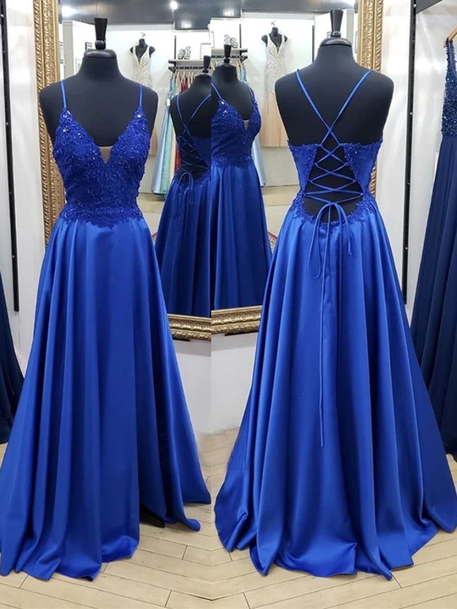 Elegant Royal Blue Long A-line V-neck Backless Satin Lace Formal Graduation Prom Dresses-BIZTUNNEL