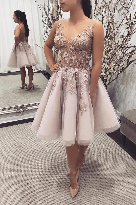 Elegant Short A-line Bateau Lace Tulle Backless Prom Dress-BIZTUNNEL