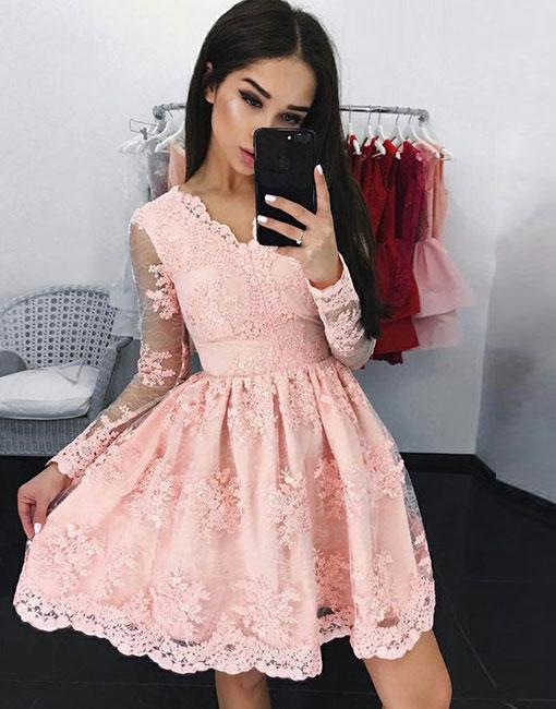 Elegant Short A Line Lace Homecoming Dresses with Sleeves-BIZTUNNEL