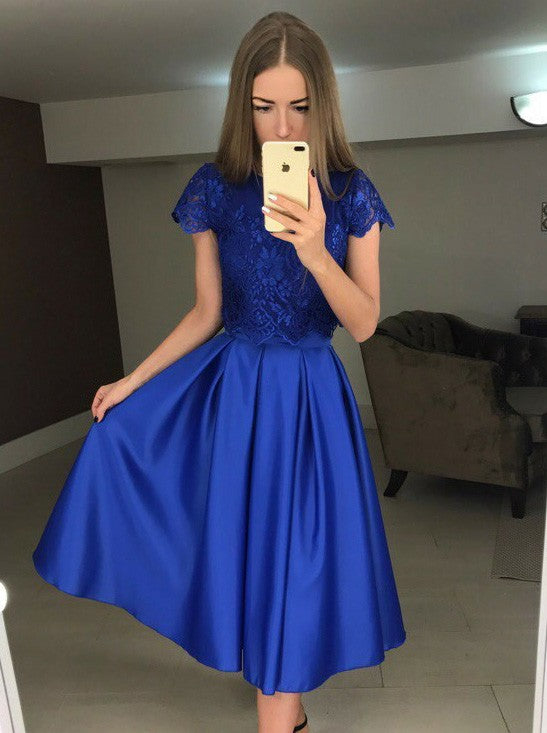 Elegant Short A-line Stain Lace Prom Dress with Sleeves-BIZTUNNEL
