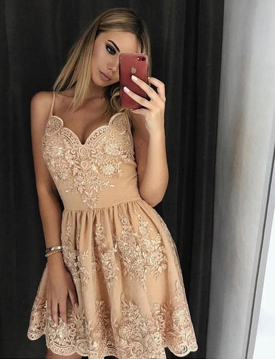 Elegant Short A-Line Sweetheart Appliques Lace Prom Dress-BIZTUNNEL