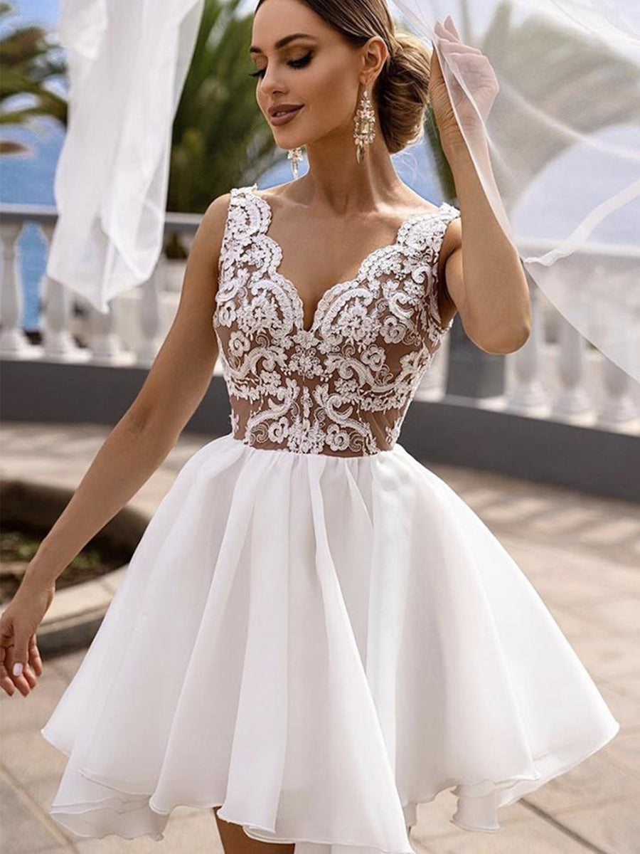 Elegant Short A Line V Neck Lace Prom Dresses White Homecoming Dress-BIZTUNNEL