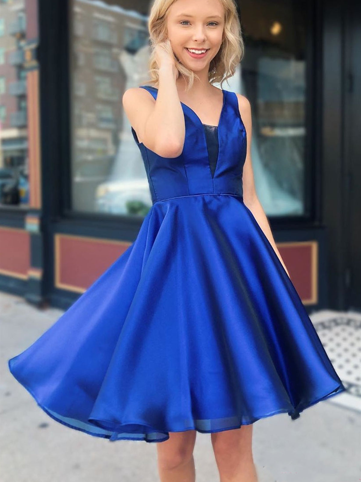 Elegant Short A Line V Neck Satin Prom Dresses Royal Blue Homecoming Dresses-BIZTUNNEL
