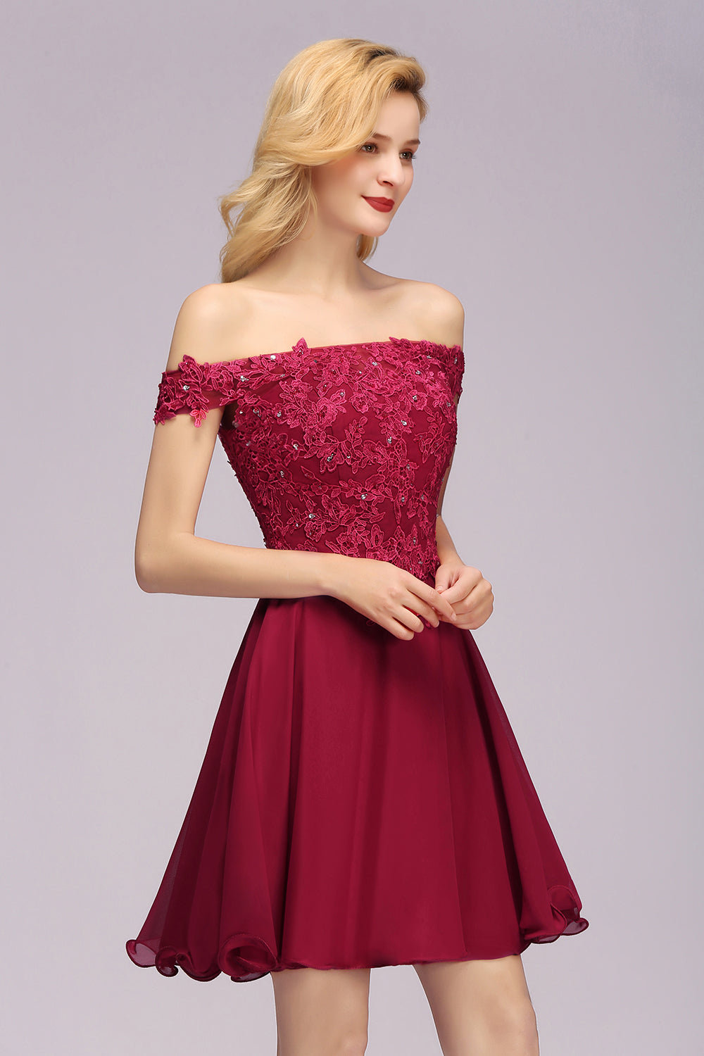 Elegant Short Lace Off-the-Shoulder Chiffon Bridesmaid Dress-BIZTUNNEL