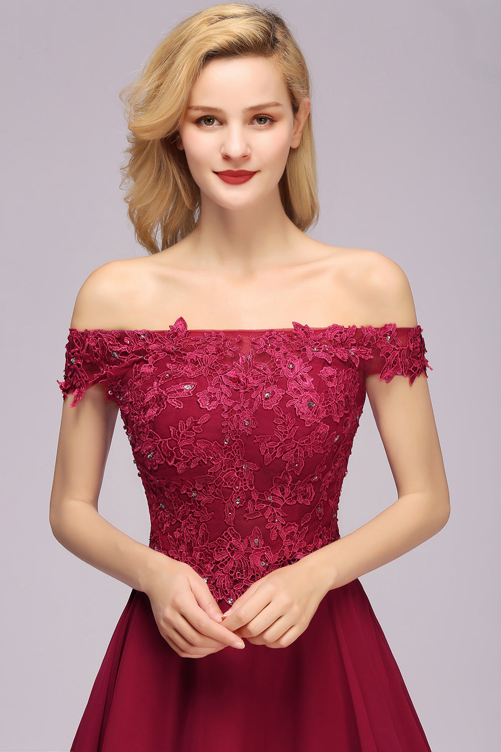 Load image into Gallery viewer, Elegant Short Lace Off-the-Shoulder Chiffon Bridesmaid Dress-BIZTUNNEL

