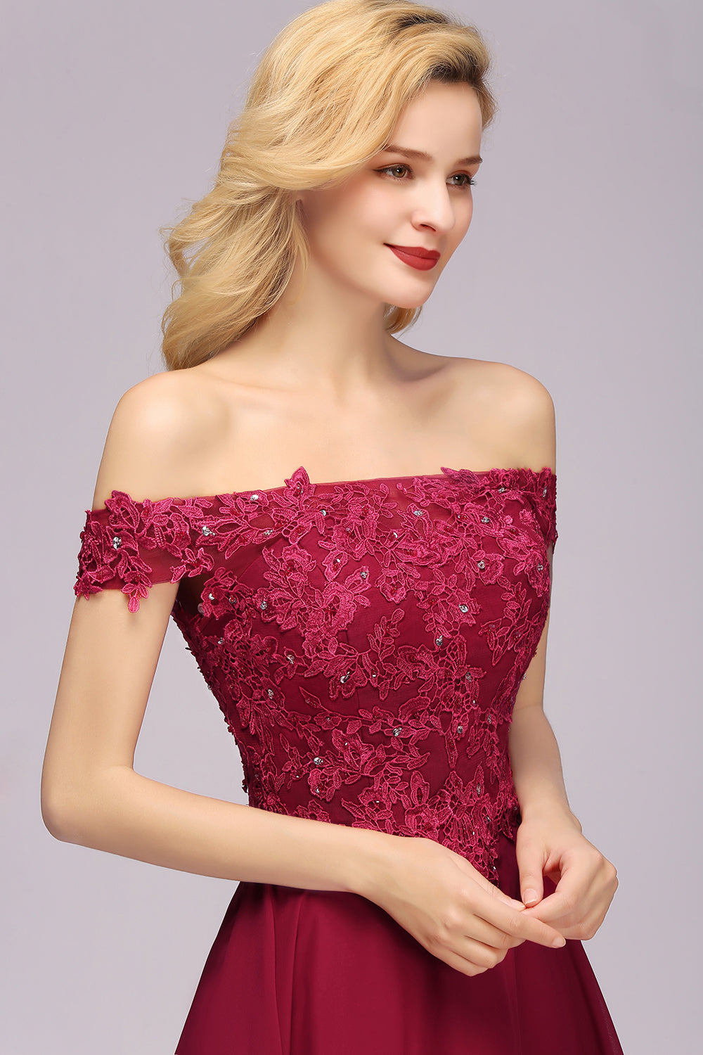 Elegant Short Lace Off-the-Shoulder Chiffon Bridesmaid Dress-BIZTUNNEL