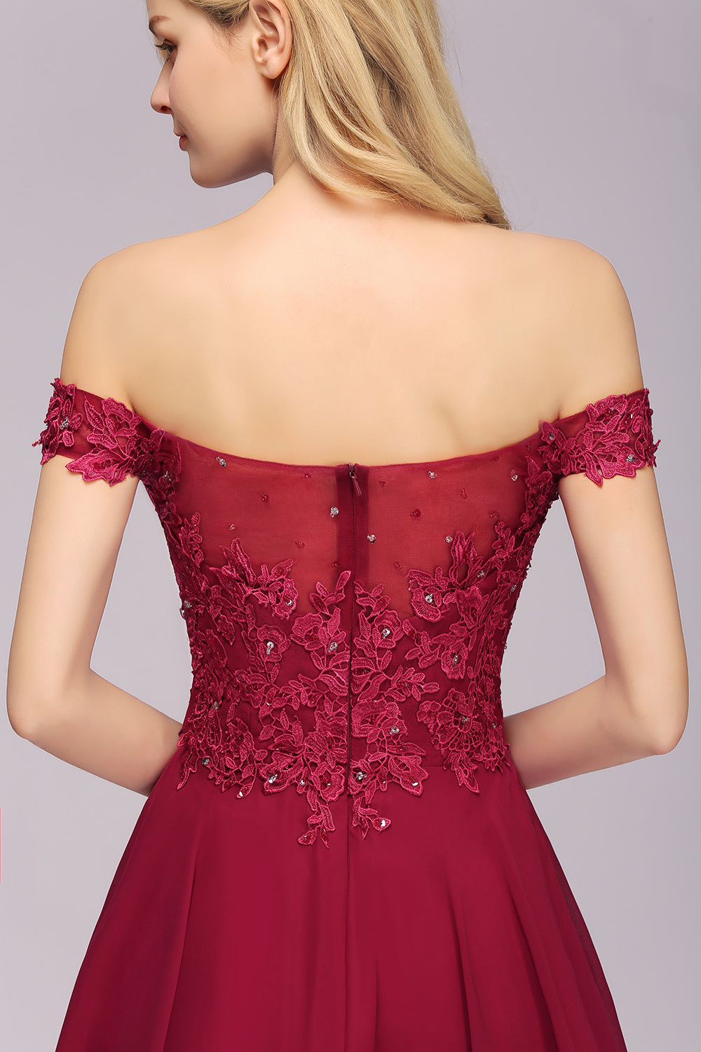 Elegant Short Lace Off-the-Shoulder Chiffon Bridesmaid Dress Elegant Short Lace Off-the-Shoulder Chiffon Bridesmaid Dress