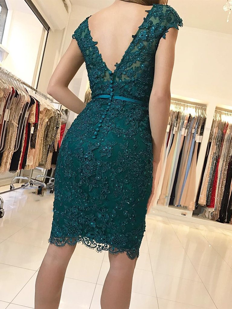 Elegant Short Sheath Lace Green V-neck Prom Dresses-BIZTUNNEL