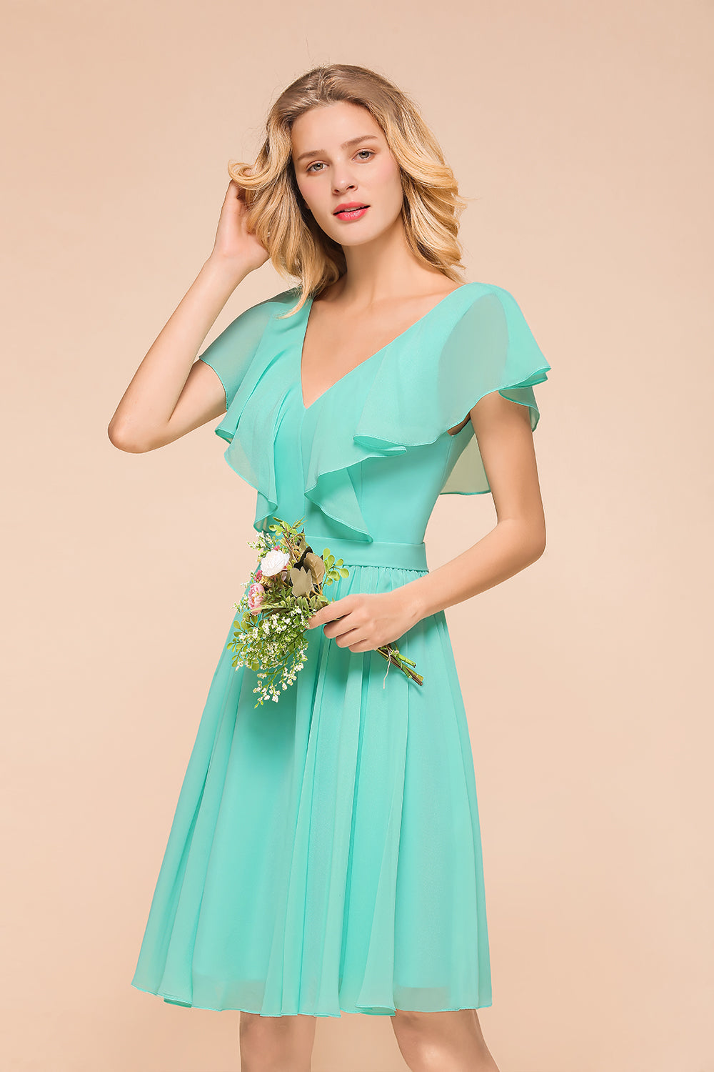 Load image into Gallery viewer, Elegant Short V-neck A-line Backless Bridesmaid Dress With Ruched-BIZTUNNEL
