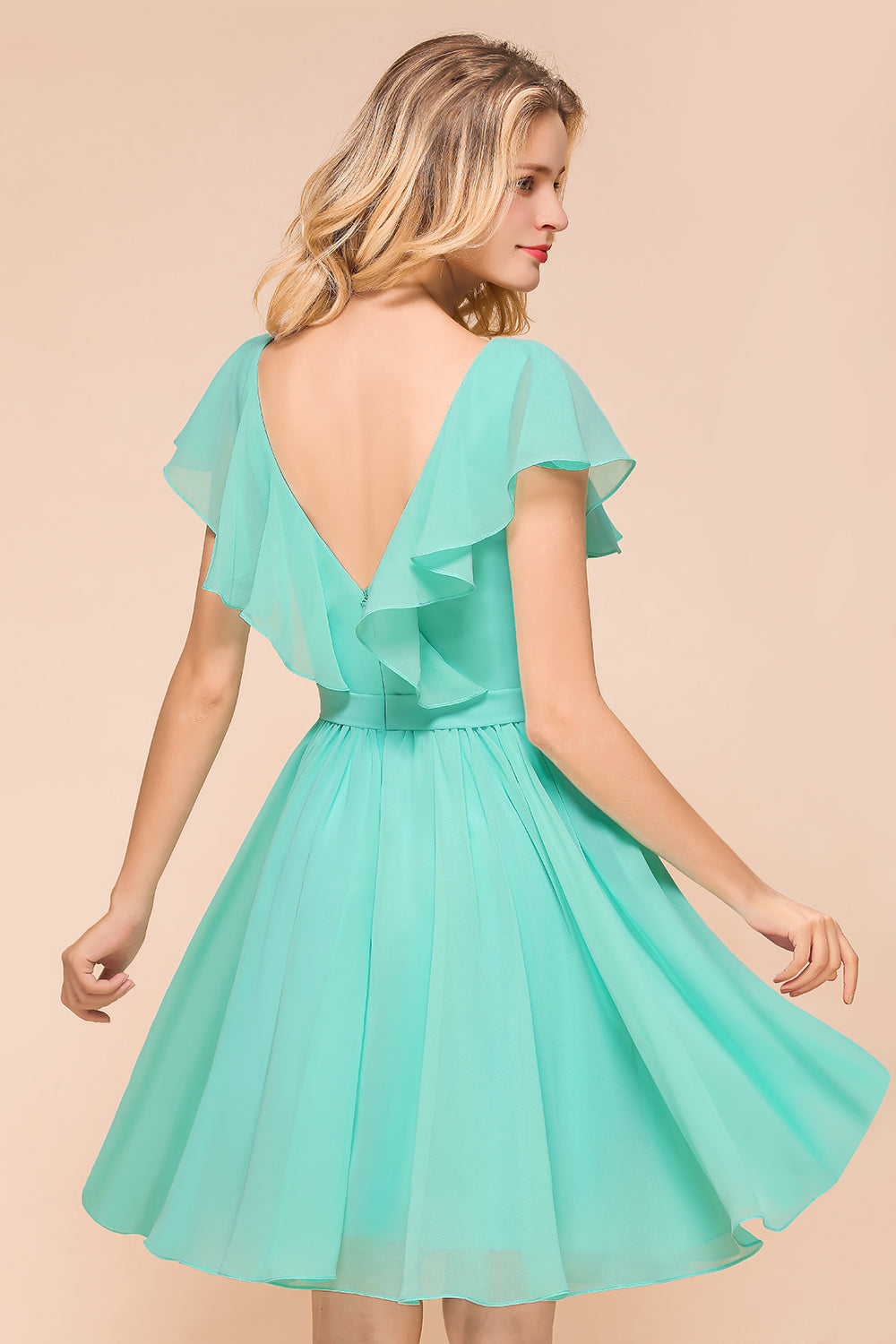 Load image into Gallery viewer, Elegant Short V-neck A-line Backless Bridesmaid Dress With Ruched-BIZTUNNEL
