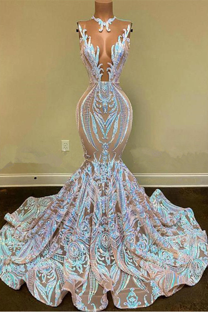 Elegant Sparkly Long Mermaid Glitter Floral Lace Prom Dresses-BIZTUNNEL